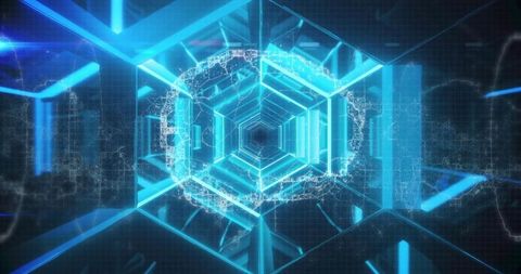 Futuristic neon blue digital corridor in cyberspace