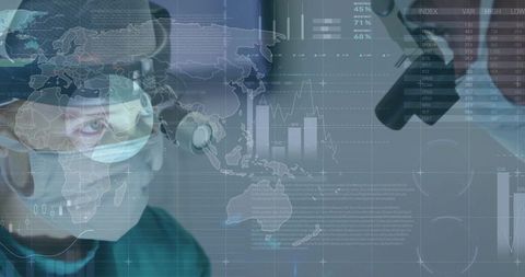 Surgeon using microscope with data overlay in operating room