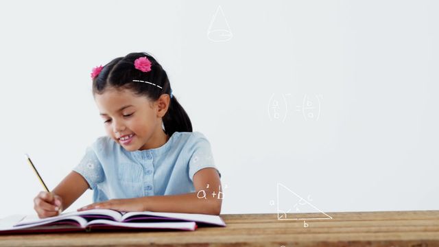 Young girl sits at desk engaged in her homework with animated math formulas overlay. This portrays concepts of education and problem-solving in an engaging way. Suitable for use in educational materials, learning apps, school presentations, and advertisements illustrating a keen interest in mathematics and studying.