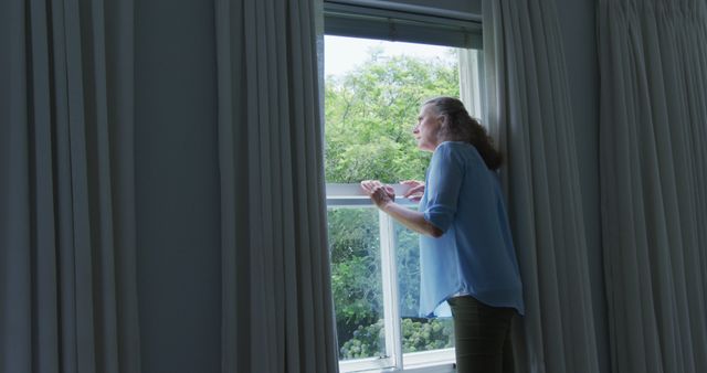 Woman Leaning Out Open Window, White Curtains Frame Outdoors - Download Free Stock Images Pikwizard.com