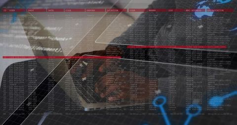 Female developer monitoring network while typing on laptop with scrolling code overlays
