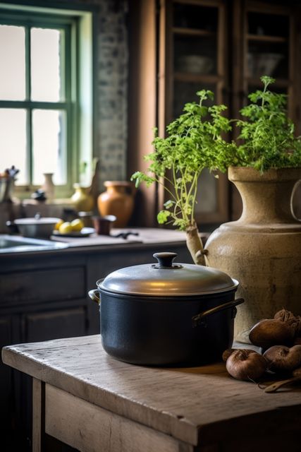 A rustic kitchen setting showcases a cast iron pot on a wooden table. Fresh herbs and vintage kitchenware create a cozy, home-cooked meal ambiance.