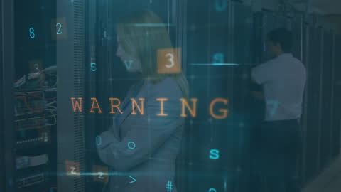 Cyber Attack Warning Displayed Over IT Specialists in Data Center