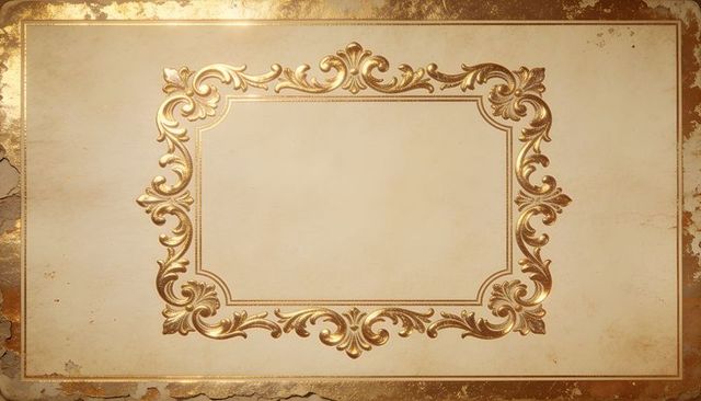 Vintage gold filigree certificate frame on aged parchment with ornate embossed border