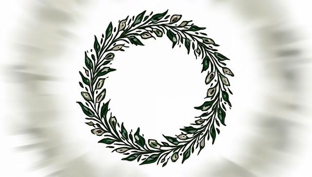 Hand-drawn laurel wreath frame with green leaves and beige accents on soft blur background