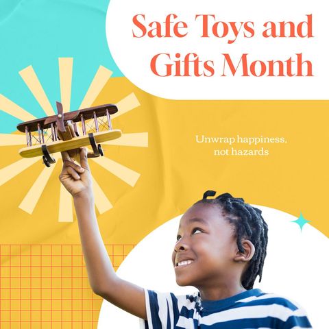 celebrating safe toys and gifts month with joyful child holding toy plane - Download Free Stock Templates Pikwizard.com