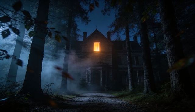 Moonlight Casting Shadows on Foggy Driveway Leading to Lit Window of Victorian Manor