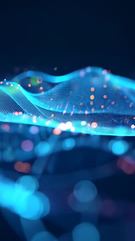 Undulating neon-blue mesh wave with glowing orbs drifting in dark digital void vertical video