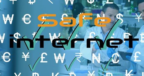 Safe internet technology with scientists and currency symbols