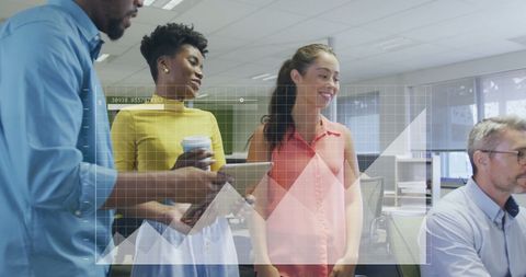 Innovative team discussing digital analytics in modern office