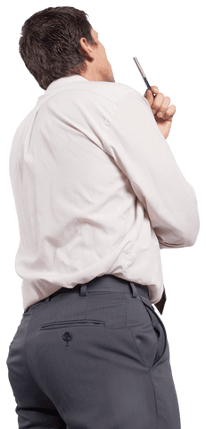 Back View of Businessman Contemplating with Pen on Transparent Background