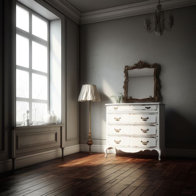 Vintage style white chest of drawers in sunlit classic room, created using generative ai technology - Download Free Stock Photos Pikwizard.com