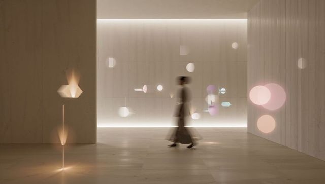 Minimalist futuristic lobby with walking blurred woman and ambient led lighting