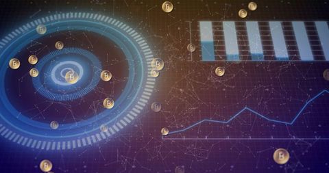 Blue Circular HUD Displaying Floating Bitcoin Coins, Blockchain Mesh and Market Graph