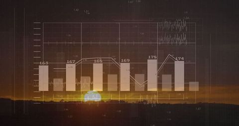 Digital Infographic Over Wooded Dusk Horizon with Data Visualizations