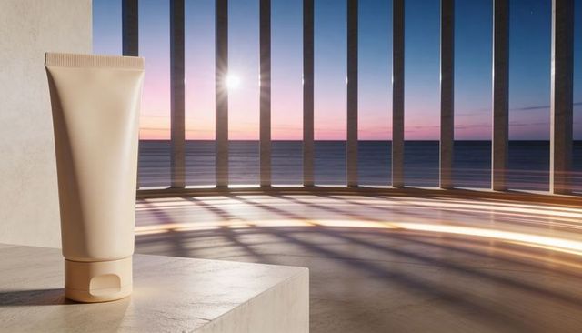 Minimal Beige Cosmetic Tube on Stone Plinth at Ocean Sunset with Dramatic Light and Shadows