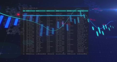 Futuristic holographic cyber dashboard showing terminal data table and neon cyan waveform