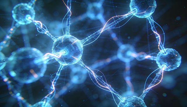 Pulsing neural network nodes connecting with braided electric filaments in blue grid