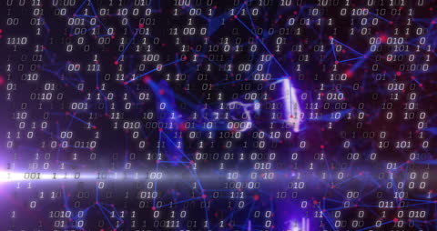 Abstract Binary Code Overlay with Glowing Molecules