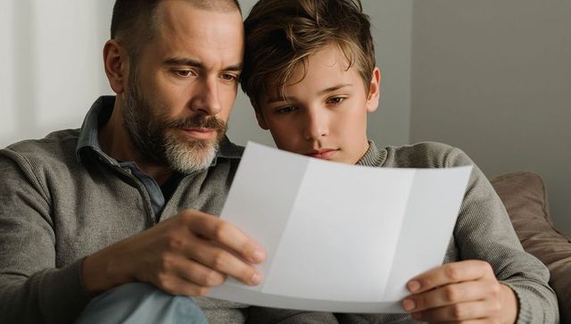 Father and son reading important letter together on sofa, focused family moment