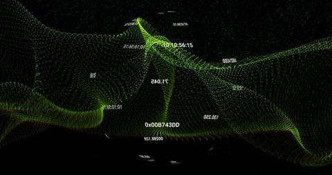 Flowing Neon Green Data Waveform Visualizing 3D Particle Topography with Hex Code Overlay