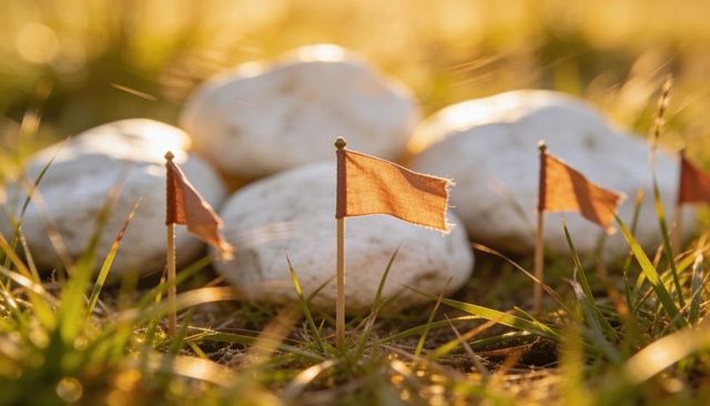 Tiny orange flags marking garden soil with sunlit white pebbles and warm bokeh