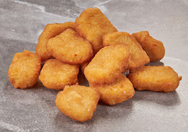 Golden breaded chicken nuggets piled together on a rustic, concrete background. Perfect for use in advertising fast food menus, snack promotions, and culinary blogs focusing on comfort food. Ideal for conveying savory, crispy, and delicious qualities in food marketing.