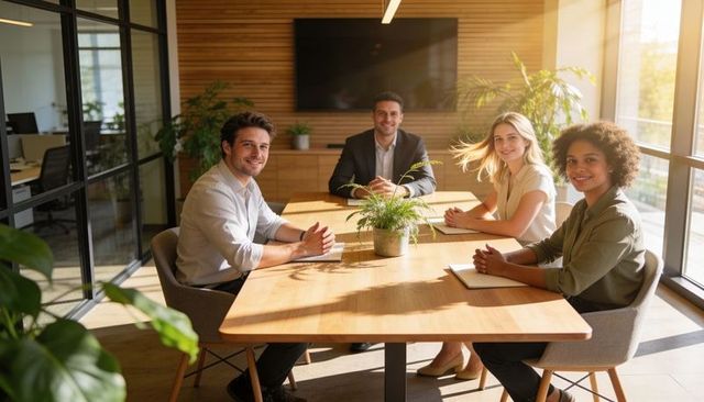 Business team collaborating around wooden table in sunlit modern office meeting room