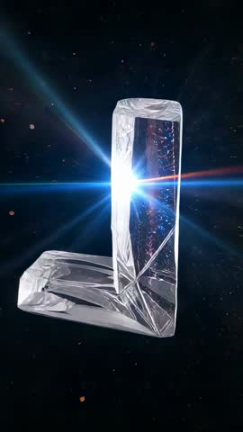 Rotating L-shaped crystal block with sweeping lens flare across cosmic star field