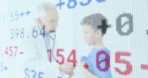 Senior Physician Listening to Child's Heart with Stethoscope, Digital Medical Readout