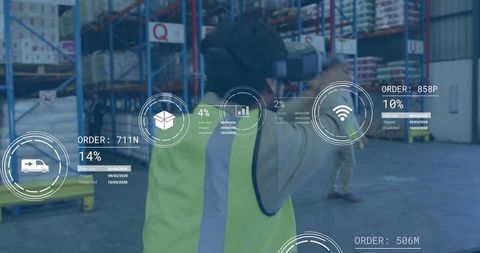 Asian Warehouse Worker Wearing VR Headset Interacting with AR Logistics Overlays