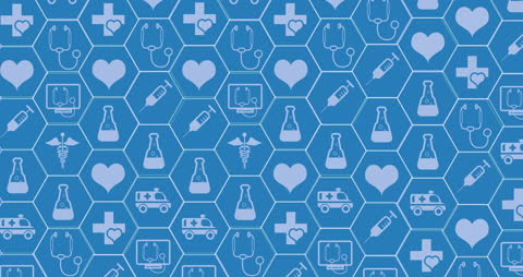 Seamless Healthcare Icons Pattern on Hexagonal Blue Design