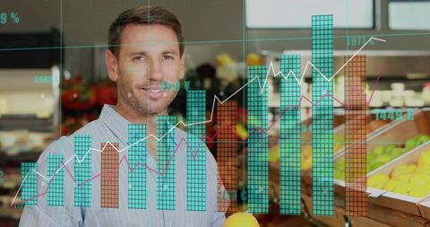 Mid adult man in produce section with data visualization overlay