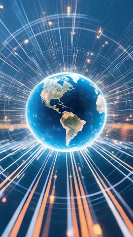 Rotating Earth Globe Emitting Digital Beams and Network Rings in Futuristic Cyberspace