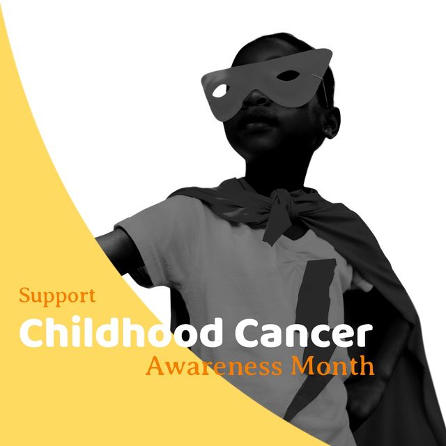 African american boy wearing eye mask and cape with support childhood cancer awareness month text. Composite, copy space, gold, yellow, disease, awareness, superhero, power, healthcare, prevention.