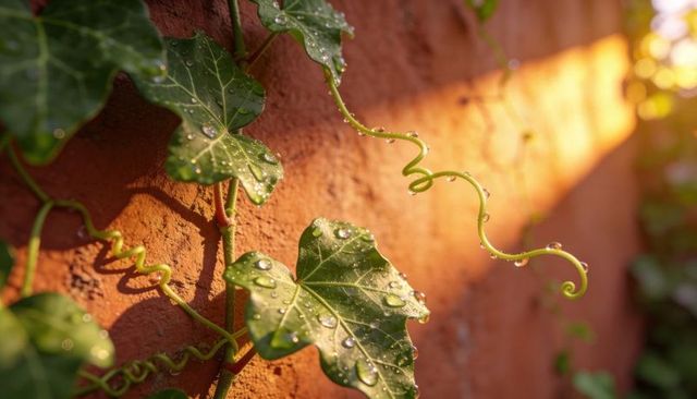 Sunlit ivy tendrils with dew drops on terracotta wall, closeup botanical texture, golden hour macro