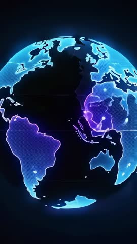 Rotating Neon Wireframe Globe Revealing Global Network Nodes on Digital Grid - Future Tech