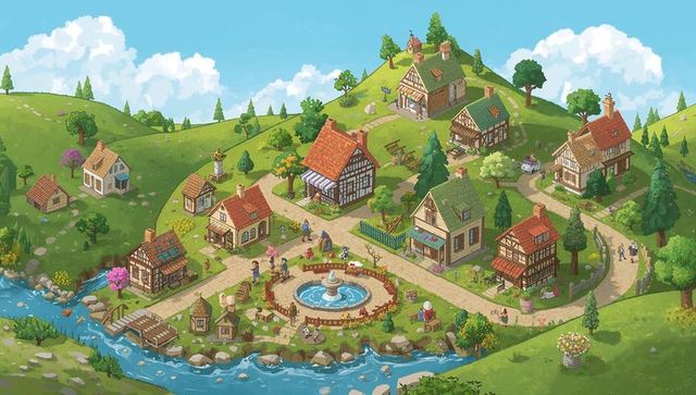 Charming medieval village bustling around central fountain with cottages and market