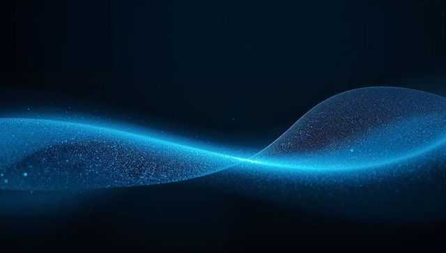 Flowing glowing blue particle ribbon moving across dark navy background