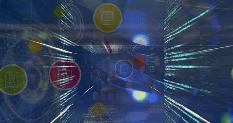 Futuristic digital code tunnel with holographic ui icons