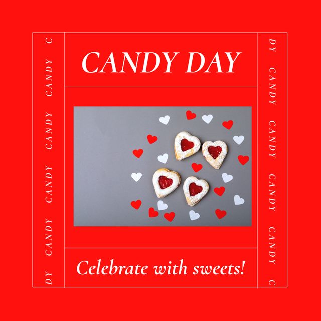 Composition of national candy day text over heart cakes. National candy day and celebration concept digitally generated image.
