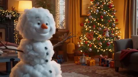 Cozy Living Room with Snowman Figure and Christmas Tree