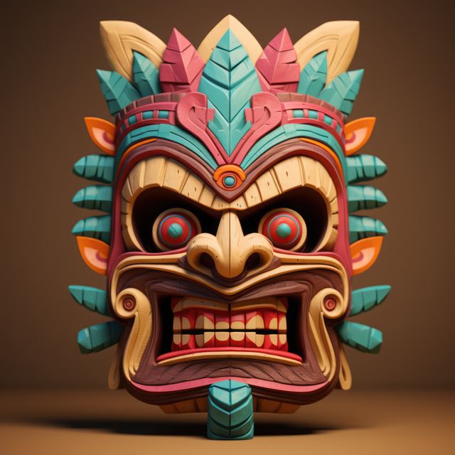 Colourful tiki mask on brown background, created using generative ai technology. Culture, tradition, decoration, pattern and colour concept digitally generated image.