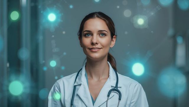 Female doctor wearing white lab coat and stethoscope with futuristic healthtech overlay