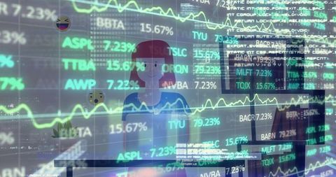 Female analyst evaluating stock data with modern technology in home office