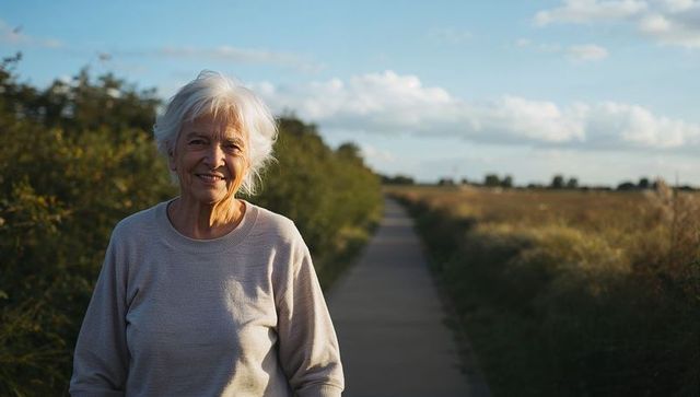 Elderly Woman Smiling on Sunlit Country Path with Hedgerow and Golden Fields, Serene Senior Portrait