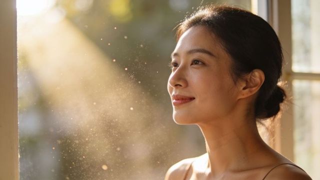 Gazing asian woman smiling in golden-hour light with sunbeams and dust motes, calm backlit portrait