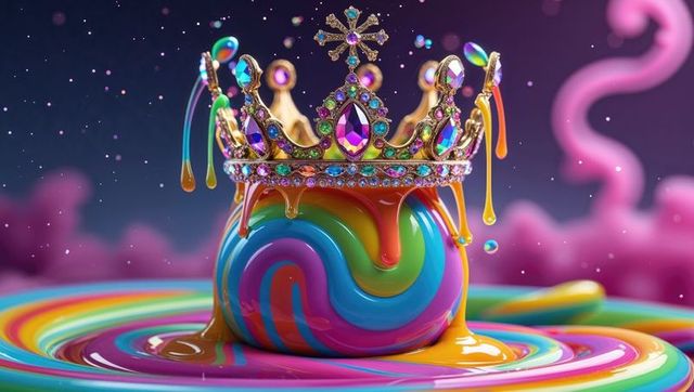 Ornate crown dripping rainbow paint on colorful swirls