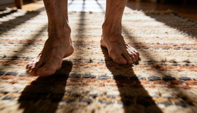 Standing bare feet catching sunlight on patterned rug with striped shadows