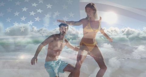 Couple surfing ocean waves with us flag overlay in background